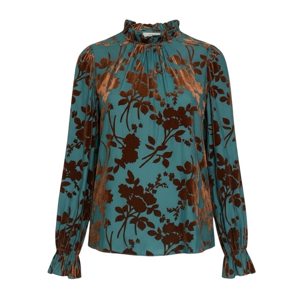 Entro Blouse S Teal Copper Womens Floral Velvet Burnout Ruffle Mock Neck Exc